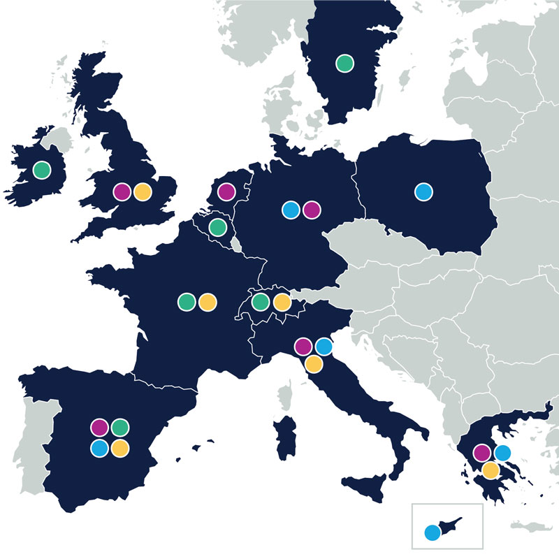 Europakarte mit Standorten des Projekts